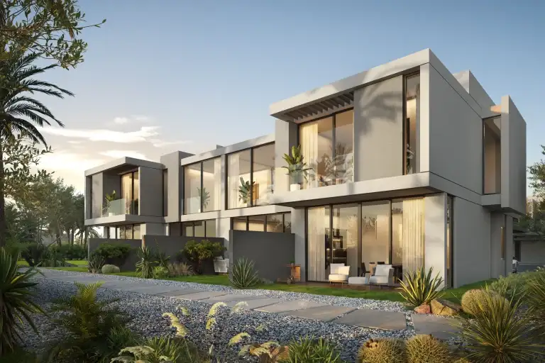 Rear view of an attached villa at Aida by DarGlobal, Muscat