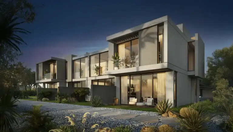 Modern house with landscaped surroundings.