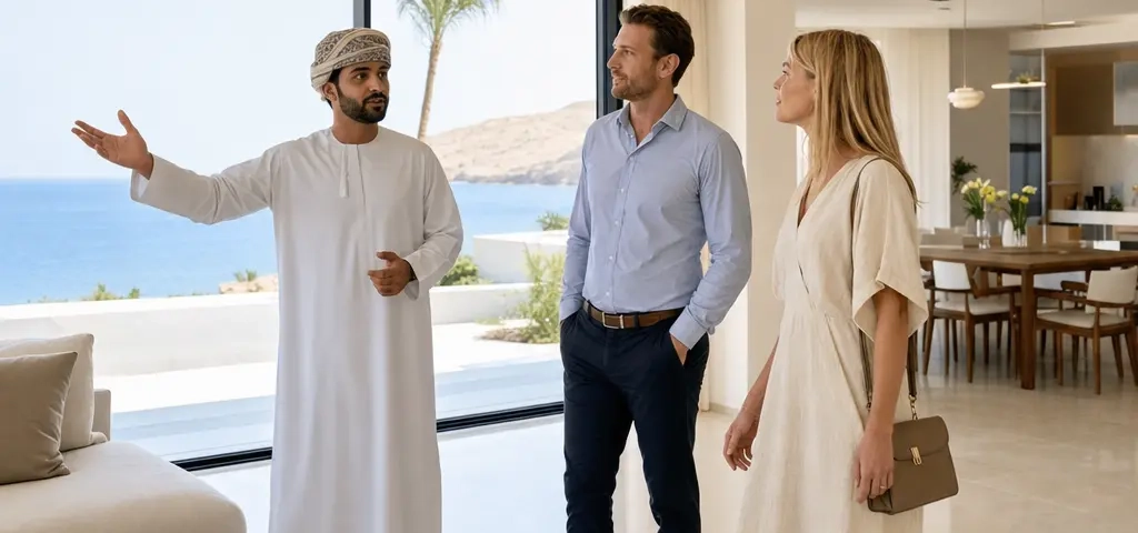 Foreign Buyer Reviewing Freehold Property Options In Oman At A Modern Coastal Residential Development Near Muscat