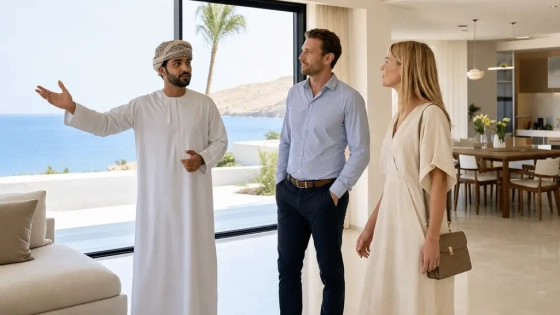 Foreign Buyer Reviewing Freehold Property Options In Oman At A Modern Coastal Residential Development Near Muscat