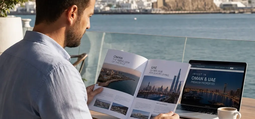 Investor Comparing Oman And Uae Real Estate Markets In A Modern Gulf Residential Setting