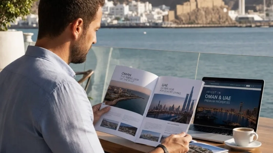 Investor Comparing Oman And Uae Real Estate Markets In A Modern Gulf Residential Setting